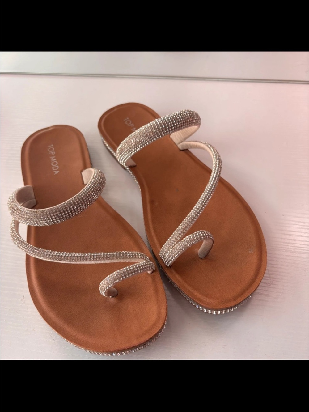 TOP Moda Tan & rhinestone toe loop Sandals - Picture 2 of 4